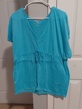 Turquoise V-Neck Drawstring Tunic